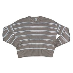 Joie Womens XS Striped Knit Sweater Mauve Taupe White Crew Neck Pullover Relaxed
